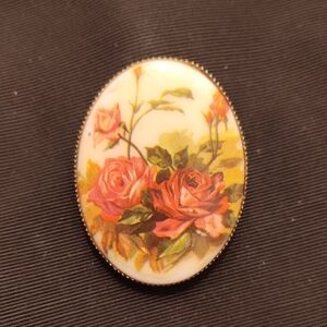 Vintage Hand‑Painted Floral Brooch • Mid‑Century Roses